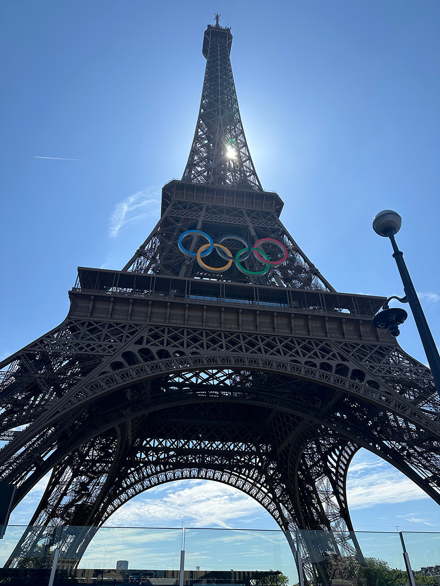 Olympics rings on the Eiffel Tower at the Paris Olympics 2024